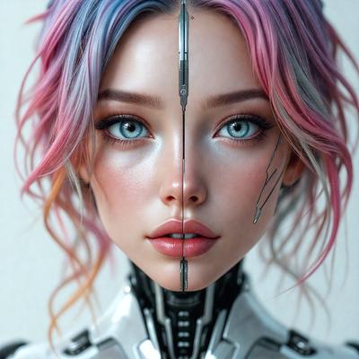 The primary subject of the image is a woman with pink hair, who is wearing a futuristic, metallic outfit. The setting is a white background, which provides a clean and minimalist look. The visual style is a combination of photo and digital art, creating a unique and intriguing image. The colors are predominantly silver and pink, giving the scene a futuristic and vibrant atmosphere.